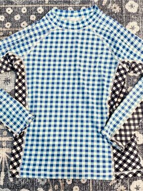 Draper James Blue and White Gingham Long-Sleeve Swim Shirt